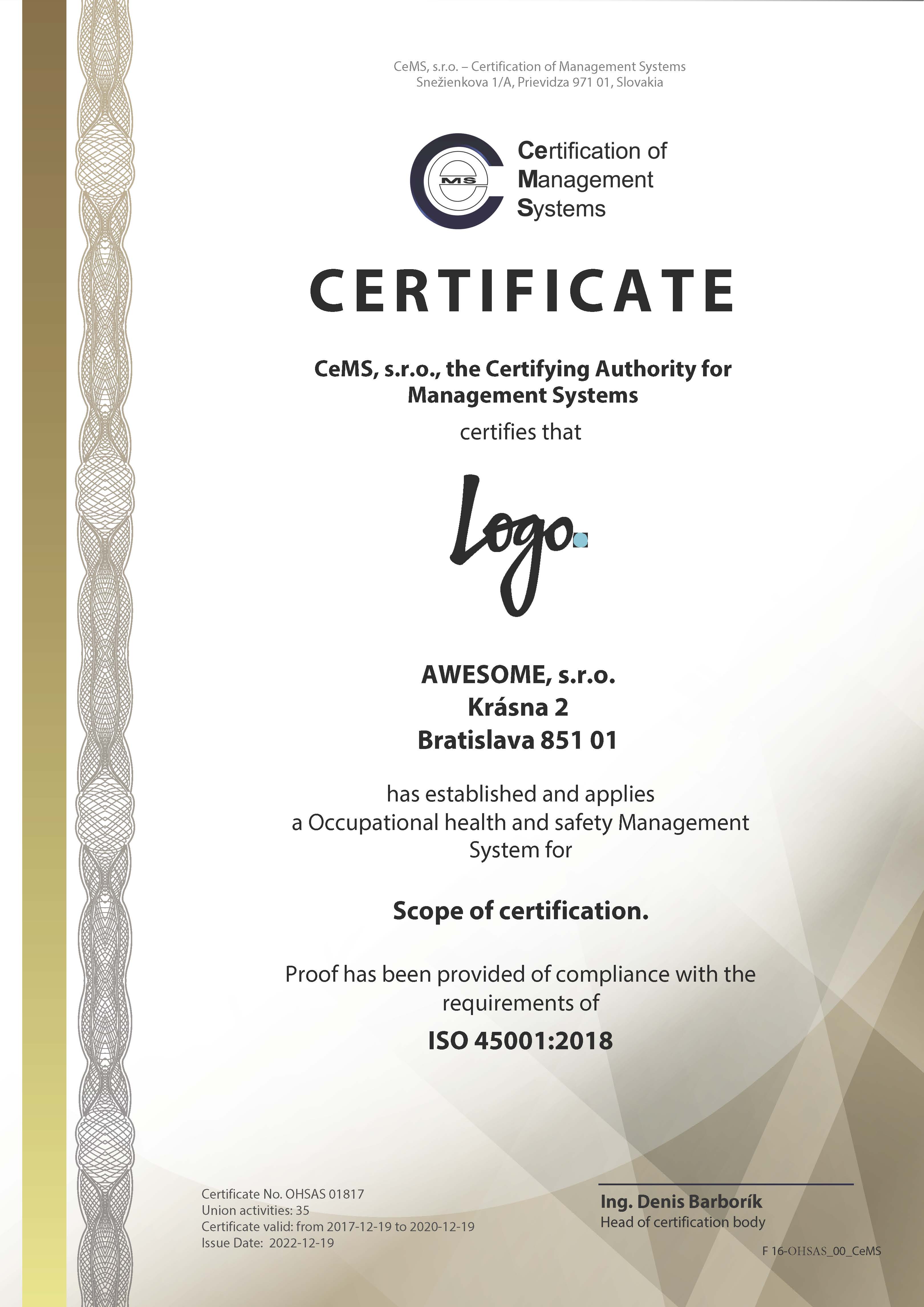 Certificate ISO 45001 by CeMS